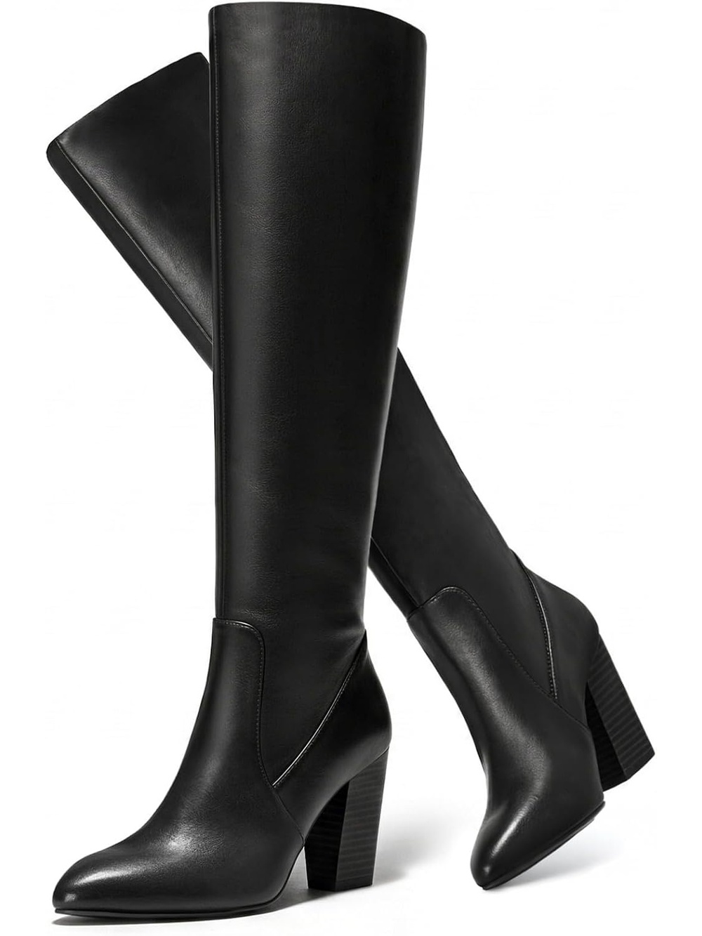 Women's Black Faux Fold Over Pointed Toe Woodgrain Chunky Heel Knee High Boots
